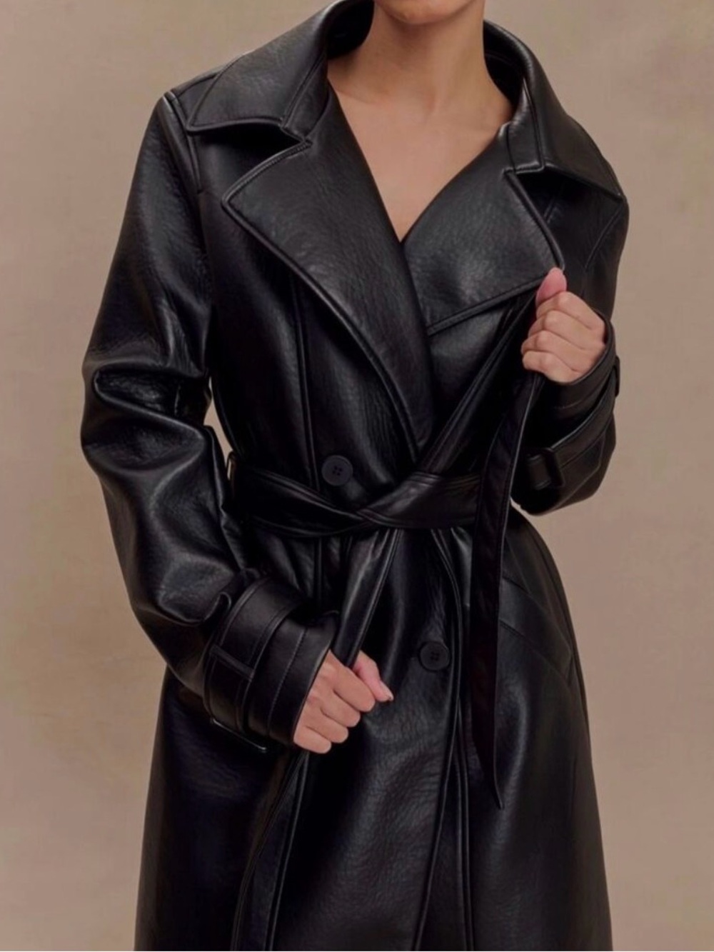 NWT MESHKI Black Faux Leather Trench Coat with Belt
